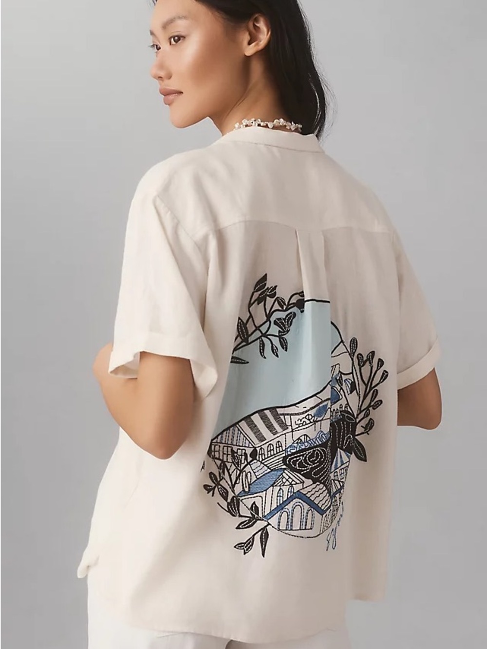 Anthropologie Maeve Linen Souvenir Surf Shirt Size L Cream Color